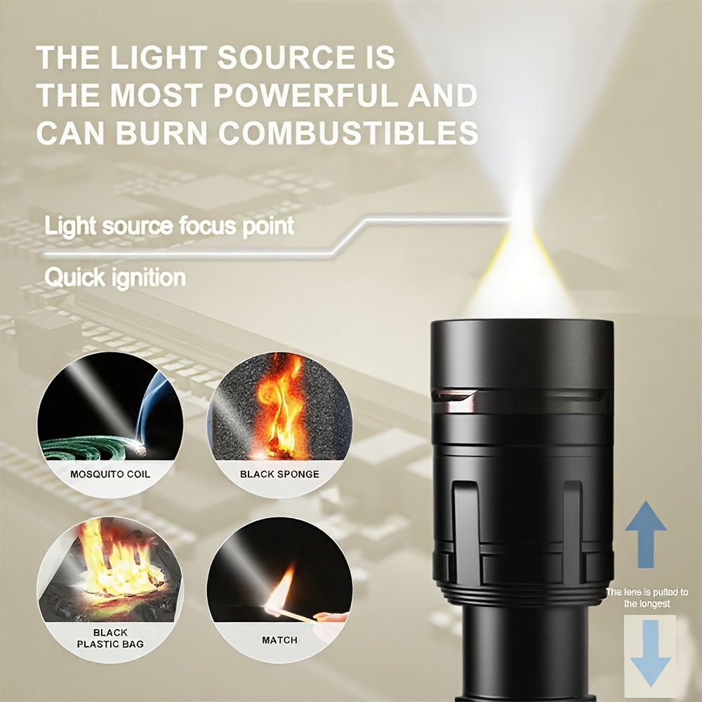 Ignition Aluminum Alloy Flashlight, Fresnel Lens Equipped, Rechargeable LED Light, 5 Modes High Lumen Flashlight, 5000mAh Battery Type-C Fast Charging, Long Range IP44 Waterproof, Ideal for Camping Night Use and Gift Giving