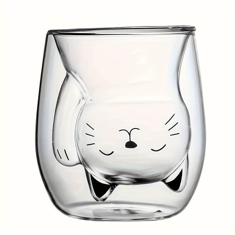 Cute Little Cat Glass Coffee Cup, Double-Wall Glass Milk Cup, Perfect for Breakfast, Coffee, Juice, Ideal for Personal Birthday & Holiday Gifts