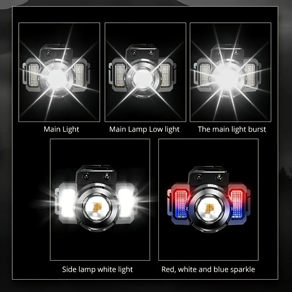 Portable Lightweight Multifunctional LED Headlamp with Motion Sensor, Rechargeable Rotatable Head, 5 Lighting Modes, Ideal for Outdoor Fishing, Adventure, Emergency and Camping
