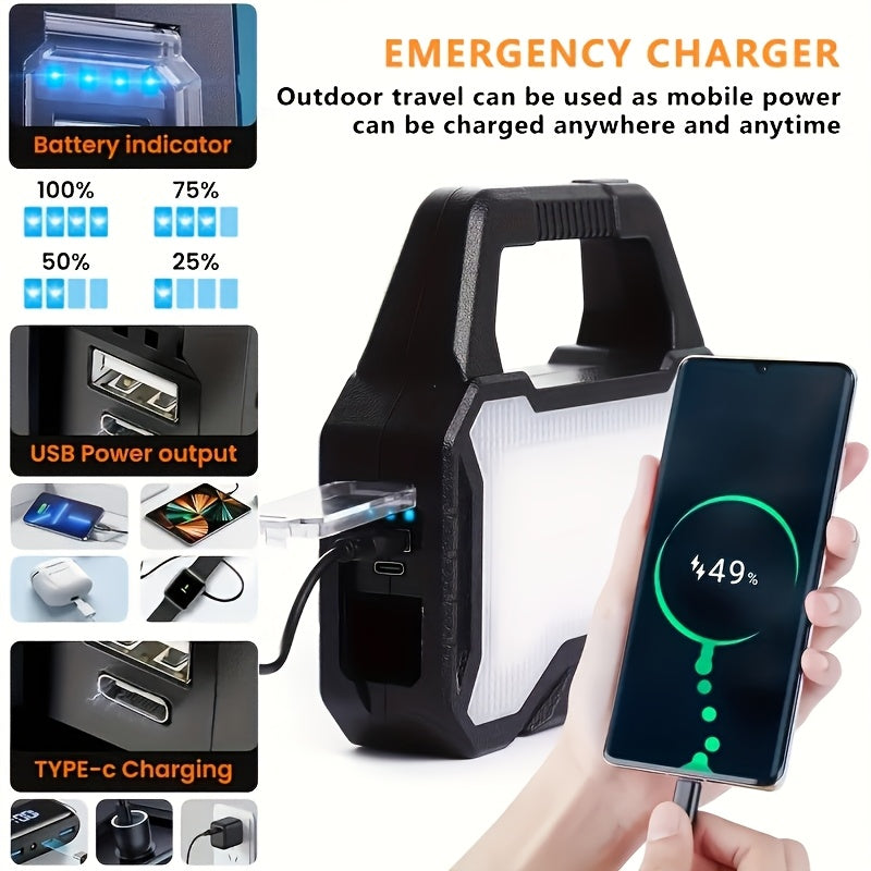 One Rechargeable Portable Solar Flashlight, Multi-Functional Handheld Light, Emergency Flashlight, Rechargeable, Can Be Used as a Power Bank for Mobile Phones, Ideal for Camping & Fishing
