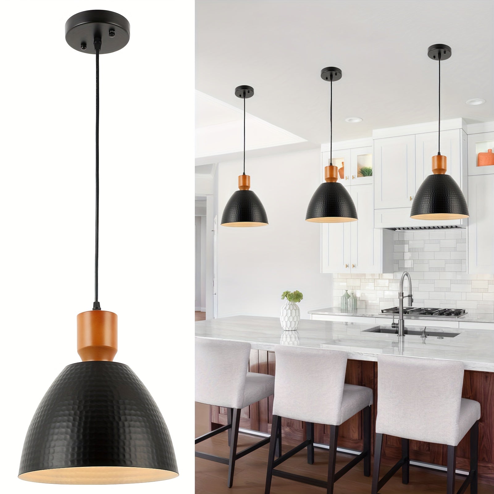 Black/Blue Hammered Kitchen Island Light, Industrial Pendant Light with Dome Shade, Adjustable Metal Hanging Pendant Light, Ceiling Pendant Light Suitable for Dining Room and Bedroom