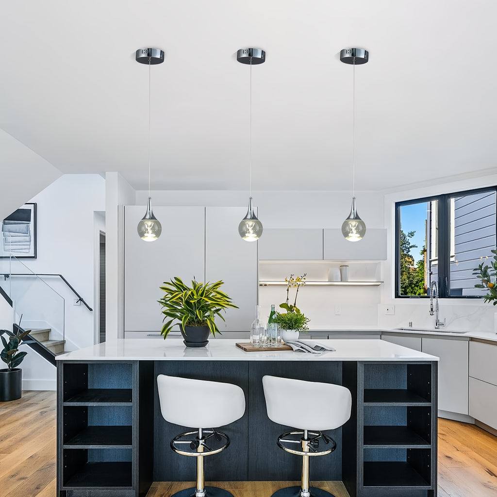 Enncll modern chrome globe LED pendant light, with 3D deer crystal lampshade - adjustable hanging height, polished metal finish, warm 3200K light, suitable for kitchen island, dining room or bar, elegant teardrop design