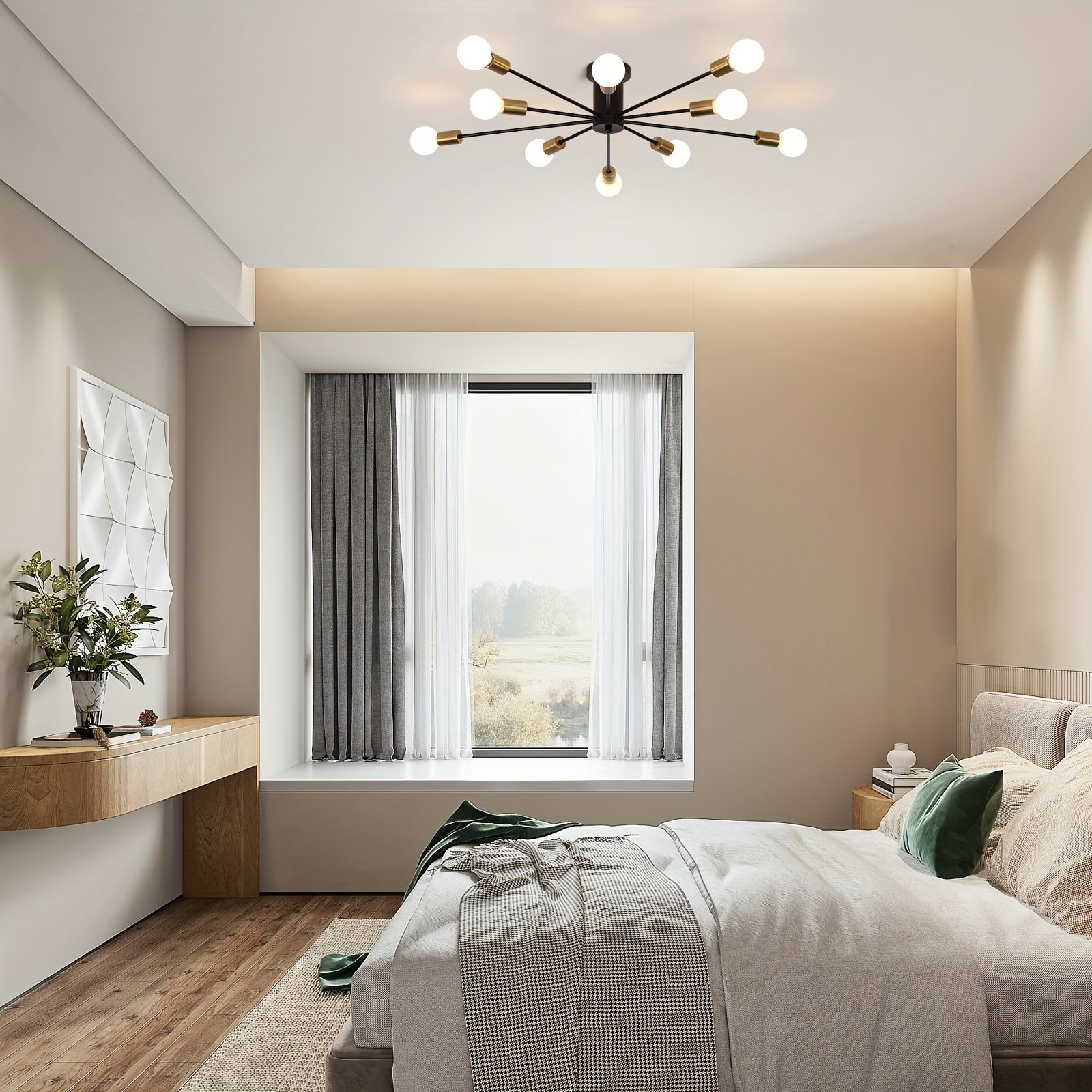 Enkel 10-Head Modern Industrial Style Satellite Pendant Light - Black Gold Semi-Flush Mount Ceiling Light, 38-Inch Wide Hardwired Pendant Light with Dimmable Function (Compatible with E26/E27 Sockets), Suitable for Living Room, Kitchen, Bedroom