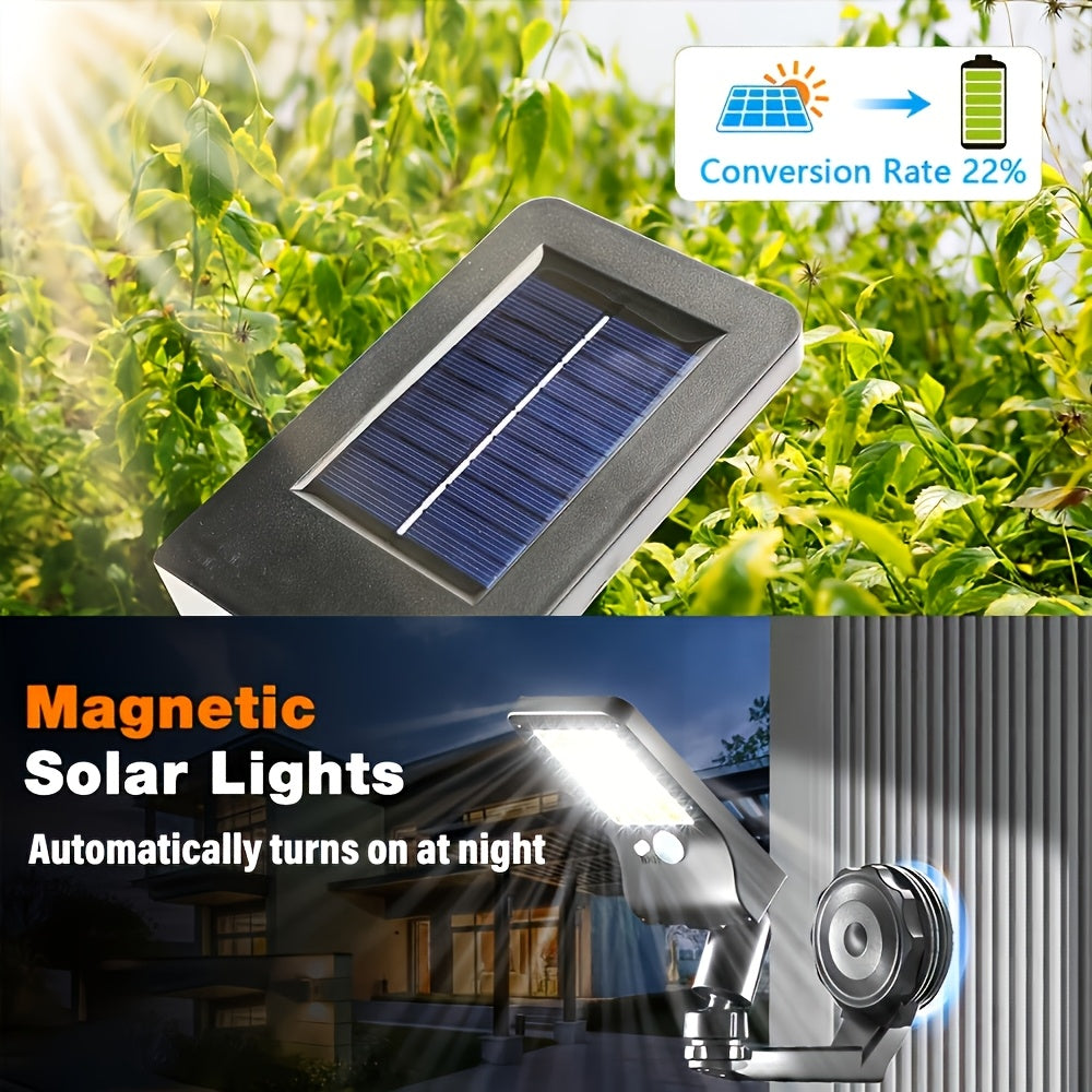LED Solar Magnetic Light, IP44 3-Mode Adjustment, with Motion Sensor, 360° Rotatable Lamp Head, Easy Installation, USB and Solar Powered, Perfect for Garden, Porch, Camping, Emergency Lighting