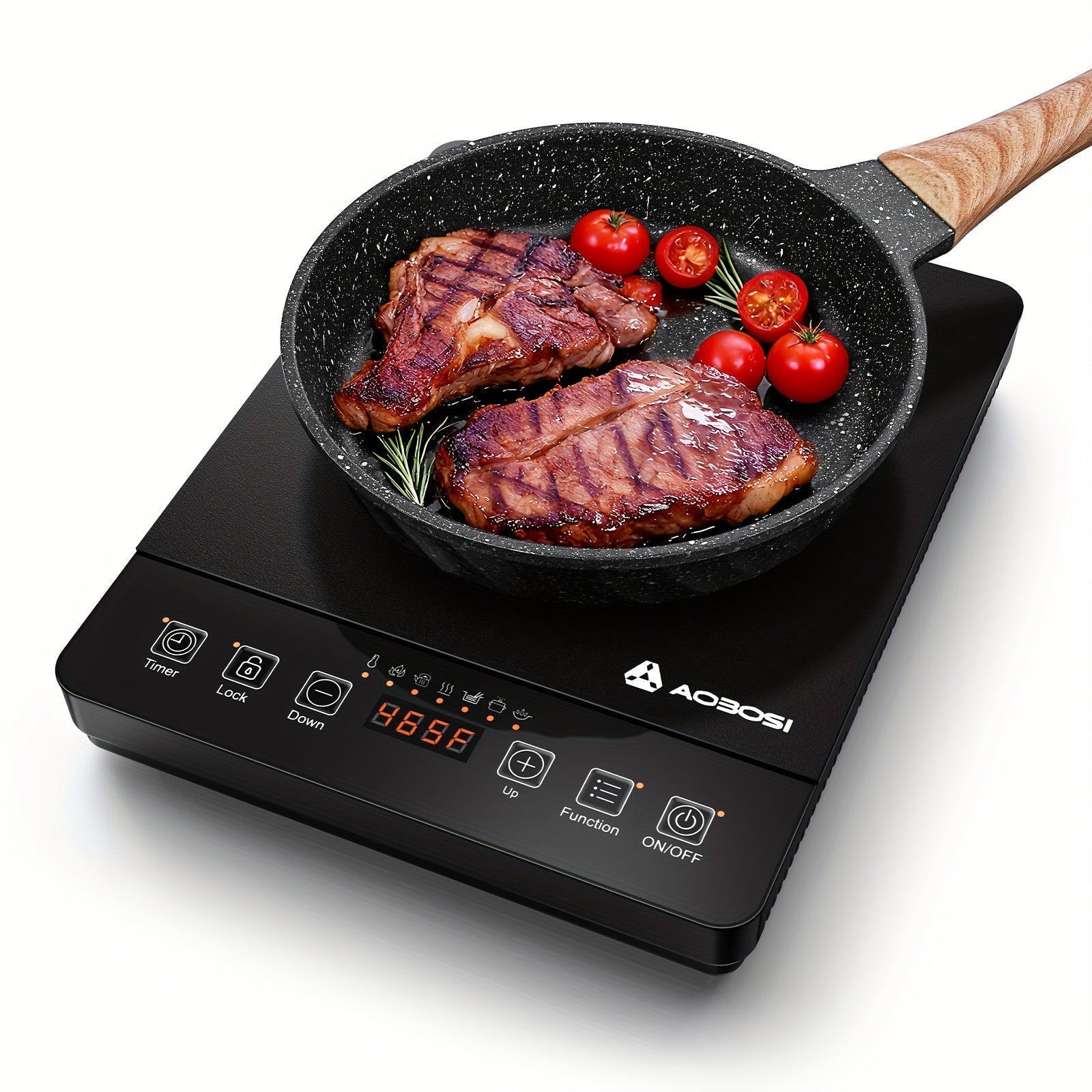 Aobosi Portable Induction Cooktop, 1800W Powerful Output for Fast & Efficient Cooking, Blue LCD Display. Features 18 Power Levels, 20 Temperature Settings & Lock Function, Plus 3 Adjustable Cooking Programs.