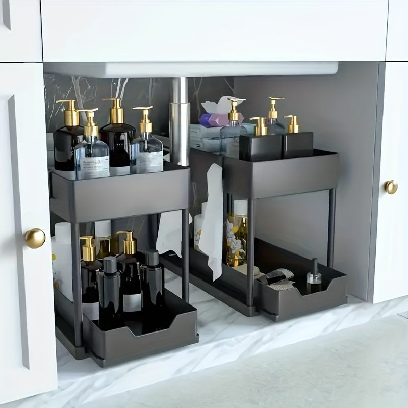 Multi-functional Pull-out Under Sink Organizer and Storage, Suitable for Bathroom & Kitchen, 2-Tier Sliding Cabinet Basket, Bathroom Cabinet Storage Box with Hooks, Storage Cup, Home Kitchen Accessories