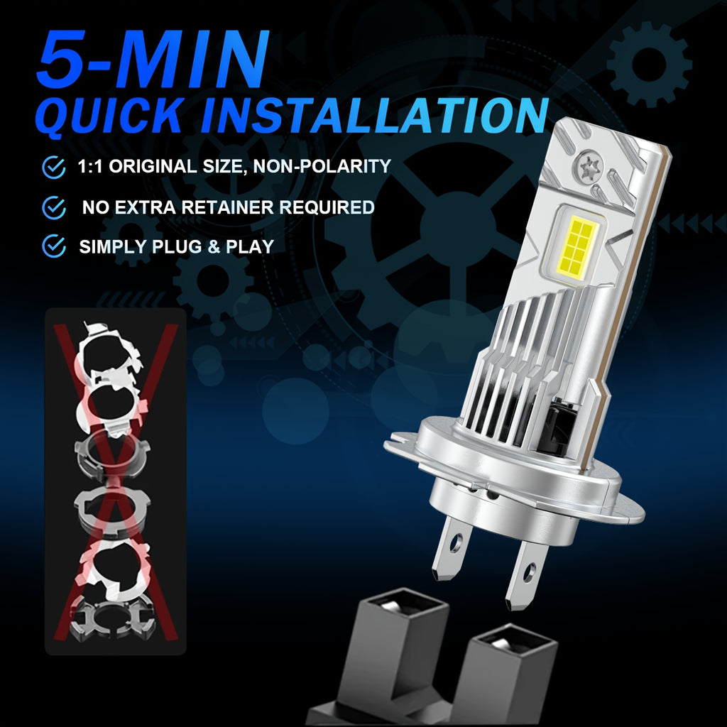 LupuAuto 2Pcs H7 LED Headlight Bulbs, 120W High Power, 4300K/6500K Super Bright White Light, 30,000 Lumens, 1:1 Mini Size Design, Plug-and-Play, Wireless H7 Car CANBUS Light, 12V, No Battery Included