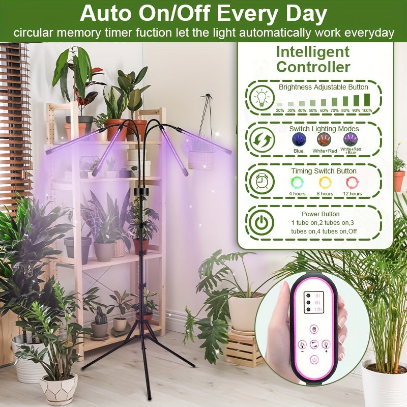 Full Spectrum Indoor Plant Grow Light, Built-in 80 LED Beads, Suitable for 15 to 60 Inch Plants, Equipped with Adjustable Tripod and 4 Lamp Heads