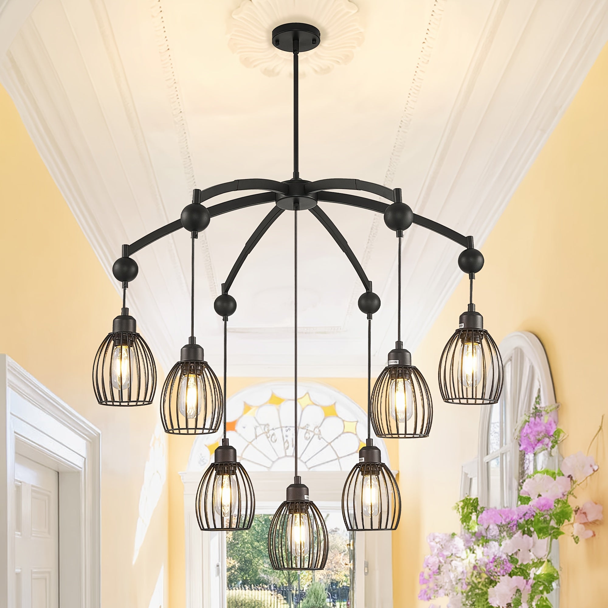 Adjustable farmhouse style pendant light, industrial metal cage ceiling light fixture