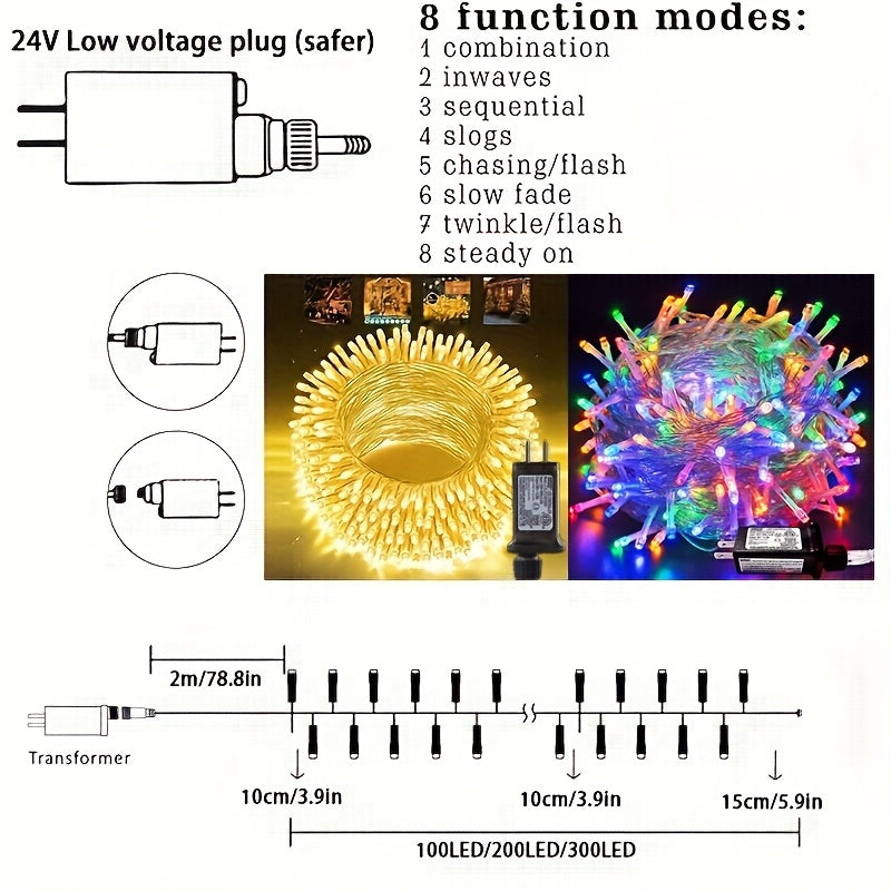 1件插电式圣诞装饰串灯 - 100/200/300LED圣诞灯串，童话灯串 - 8种灯光模式 - 适用于室内/室外、婚礼、派对、圣诞树装饰，透明线材，闪烁灯串（472.44/866.14/1259.84英寸）