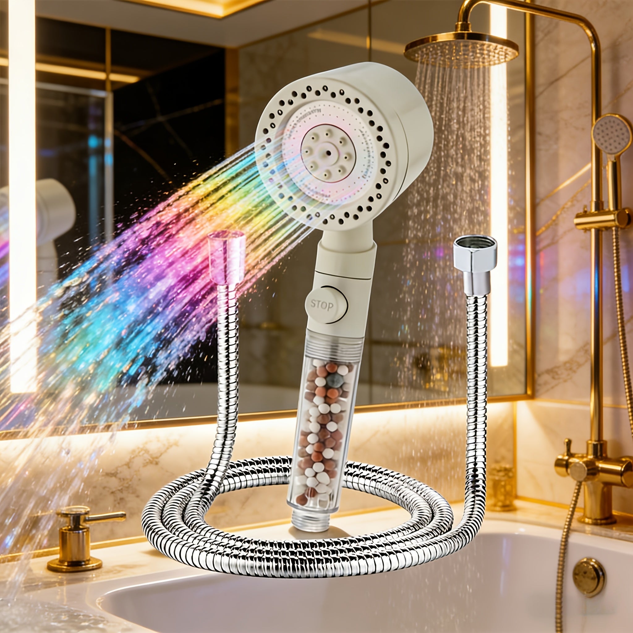 German Quality Handheld Shower Head - High Pressure Cream White, 5 Spray Modes, Built-in Filter Beads, Polished Finish, Luxury Bathroom Shower Accessory - For Shower Use Only