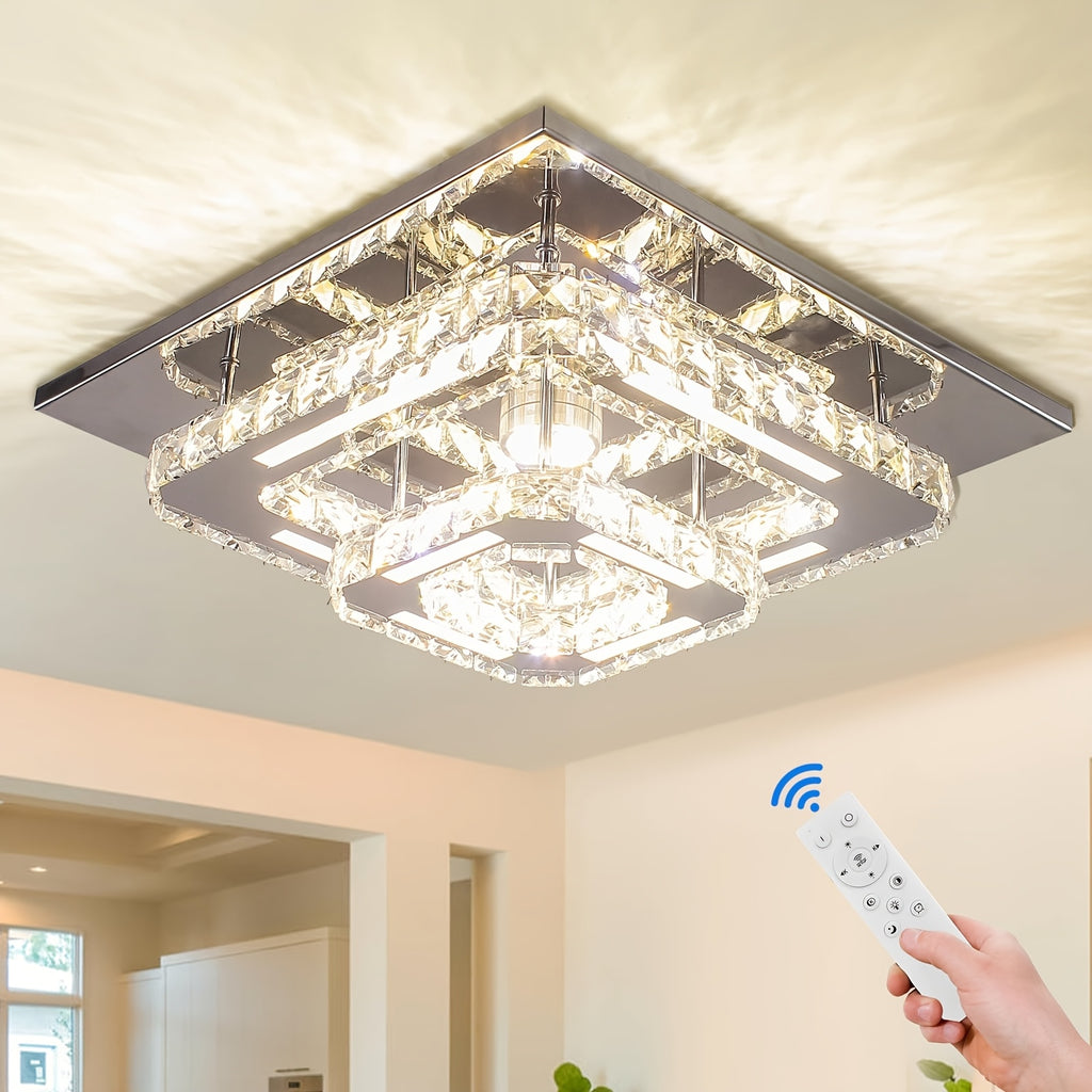 Modern Luxury Crystal Chandelier - 12-Inch Recessed Ceiling Light with Remote Control - LED Pendant Light Suitable for Bedroom, Living Room, Closet, Hallway, Bathroom (Dimmable)
