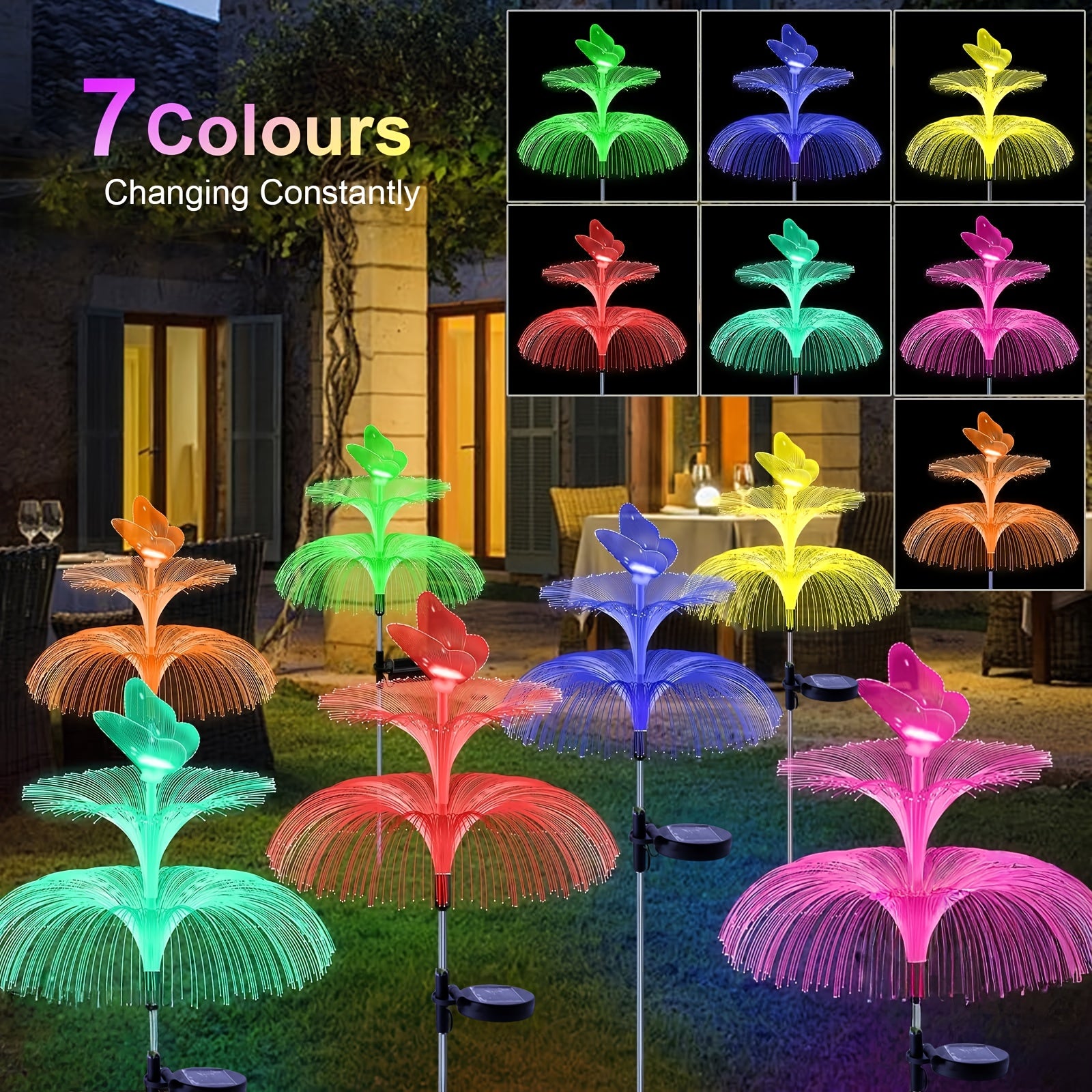 Solar Garden Light 4-Pack Solar Outdoor Decorative Light 7 Color Changing Double Jellyfish and Butterfly Flower Garden Decoration Courtyard Christmas Pool Outdoor Decoration, Gift for Mother and Women