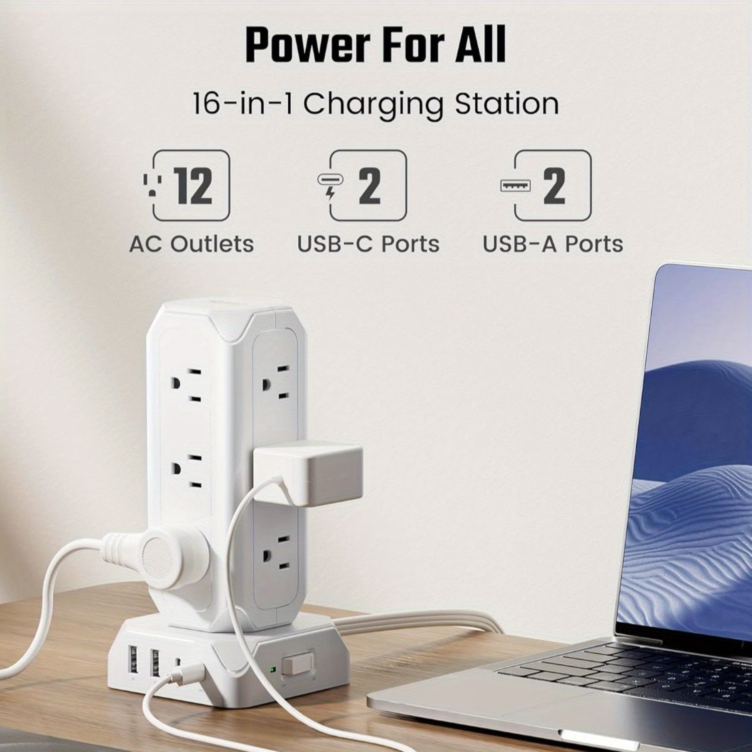 2pcs Power Strip Tower, 12 AC Outlets with 35W USB(2 USB-A & 2 USB-C) Charging Station, 1625W/13A, 1700J Surge Protector, 10ft Flat Plug Extension Cord with Multiple Outlets for Home, Office, Dorm