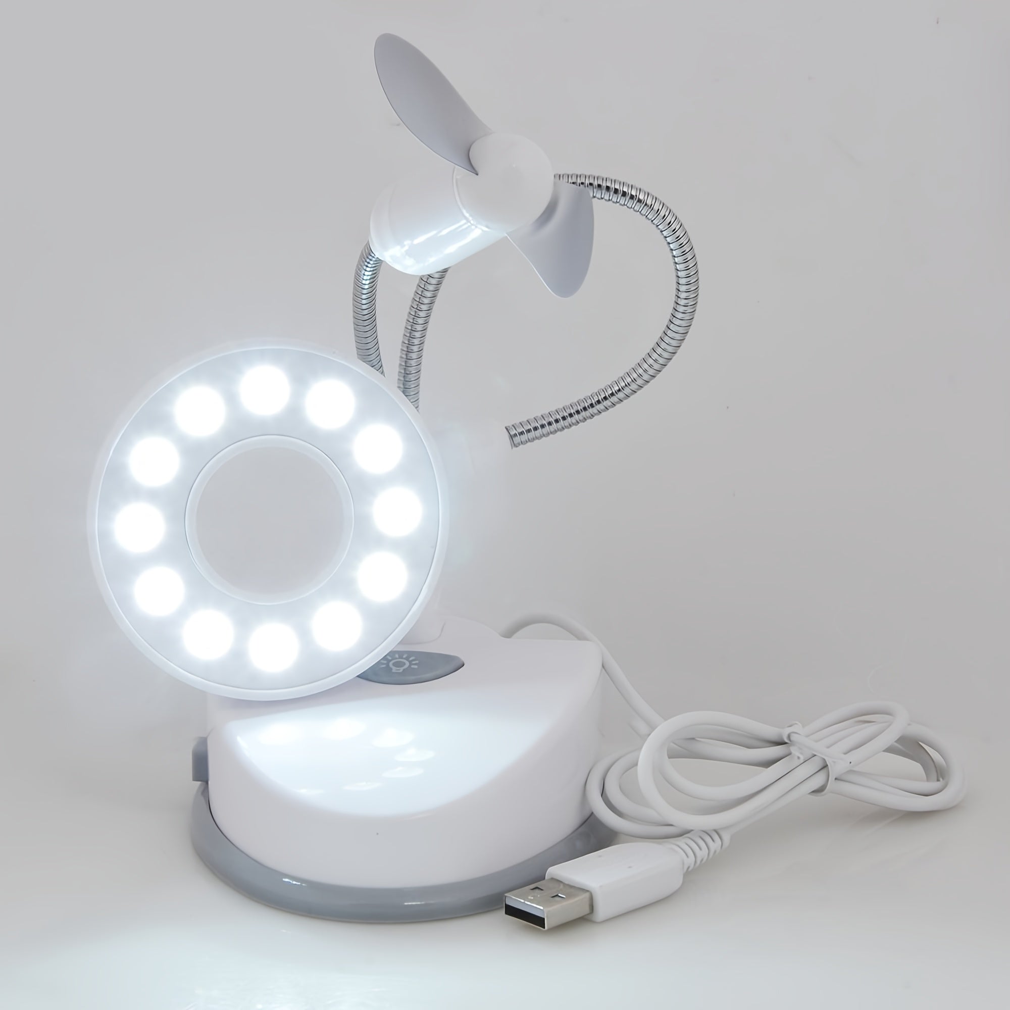 2-in-1 Portable Desk Lamp with Mini Fan, 12 LED Flexible Dual Gooseneck Table Light, Battery or USB Powered, Compact Desktop Accessory for Reading, Study, Office and Dormitory