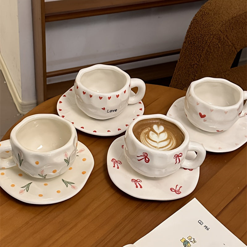 Single Set 300ml / 10.15oz Retro Flower Ceramic Cup & Saucer, Tulip Heart Bow Strawberry Irregular Coffee Cup & Saucer, Hand-Pinched High-Appeal Afternoon Tea Mug