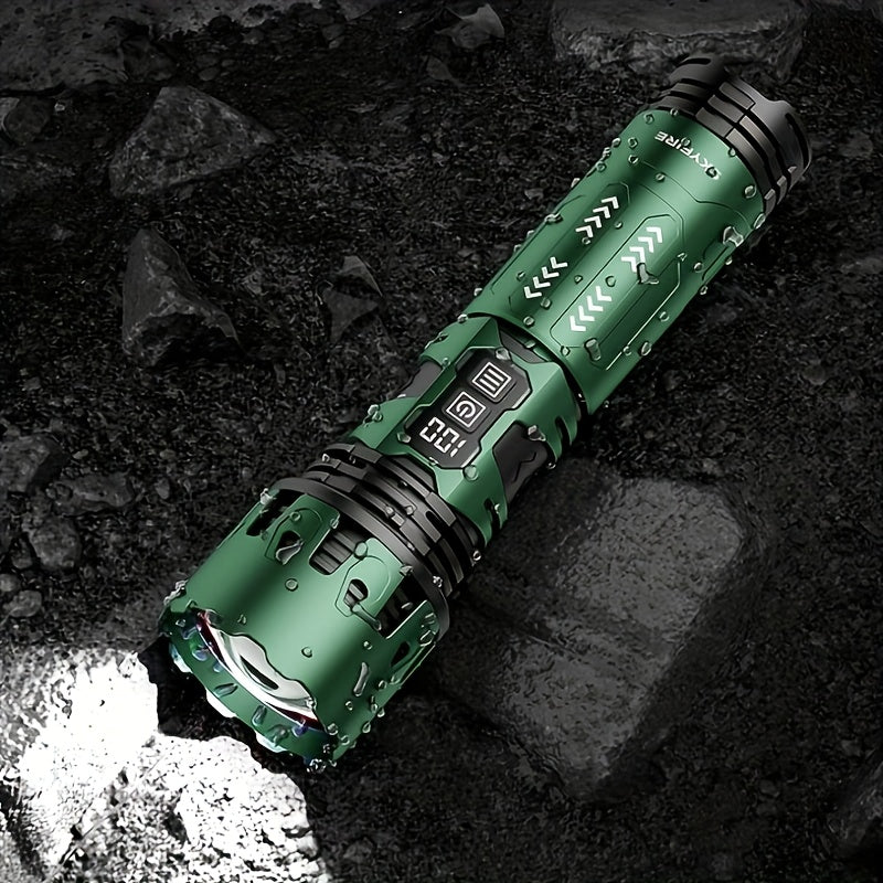 SKYFIRE LED High Brightness Display Flashlight High Lumen Ultra Bright Rechargeable Flashlight Long Endurance Zoom Function Built-in Floodlight Mode for Camping Outdoor Activities Farm Patrol Night Riding