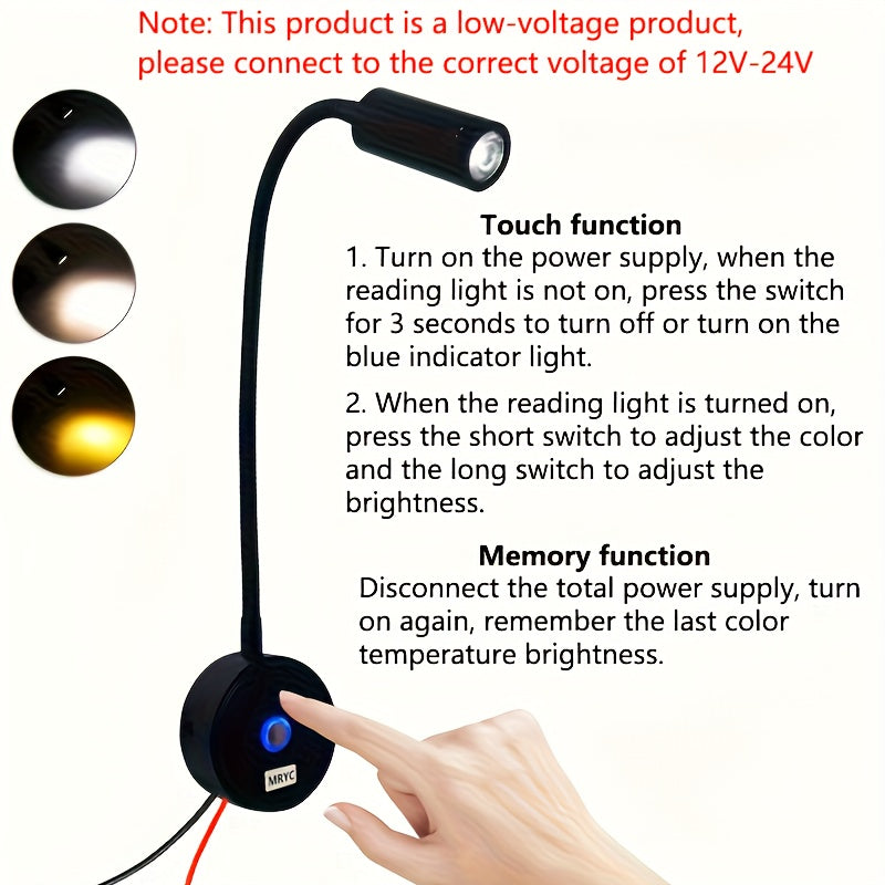 RV reading light 12V, camper van LED spotlight interior lamp bedside light, dimmable and color-adjustable, suitable for boats, trailers, vans and RVs