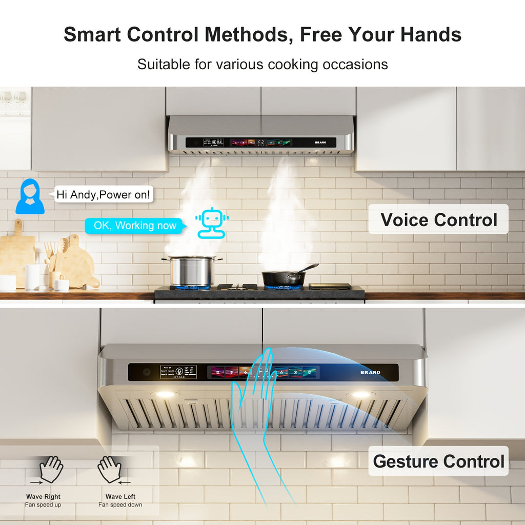 BRANO 36-Inch Under Cabinet Range Hood – Voice, Gesture & Touch Control, 900 CFM Kitchen Ventilation Fan with 4-Speed Exhaust Fan, Stainless Steel Stove Hood with LED Lighting & Baffle Filter