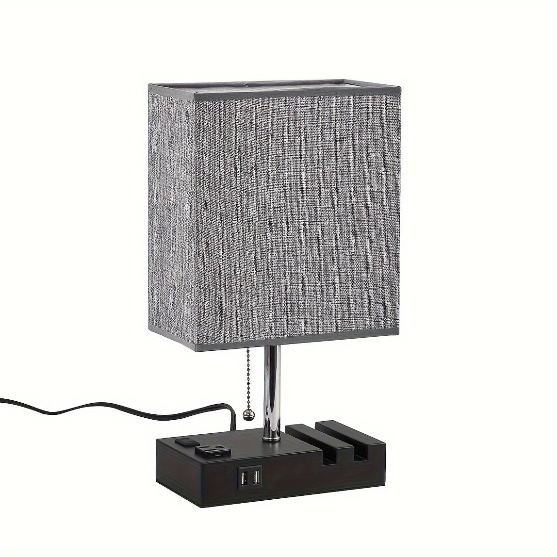 Large fabric table lamp, US standard, dual USB with AC 3-pin and 2-pin plug, with phone stand, with 3-color bulb