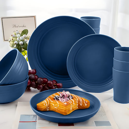 16-Piece Blue Dinnerware Set for 4 Persons – Includes Dinner Plates, Bowls & Cups – Microwave & Dishwasher Safe – Perfect for Christmas, New Year, Valentine‘s Day, Kitchen, Outdoor Camping, RV & Picnics