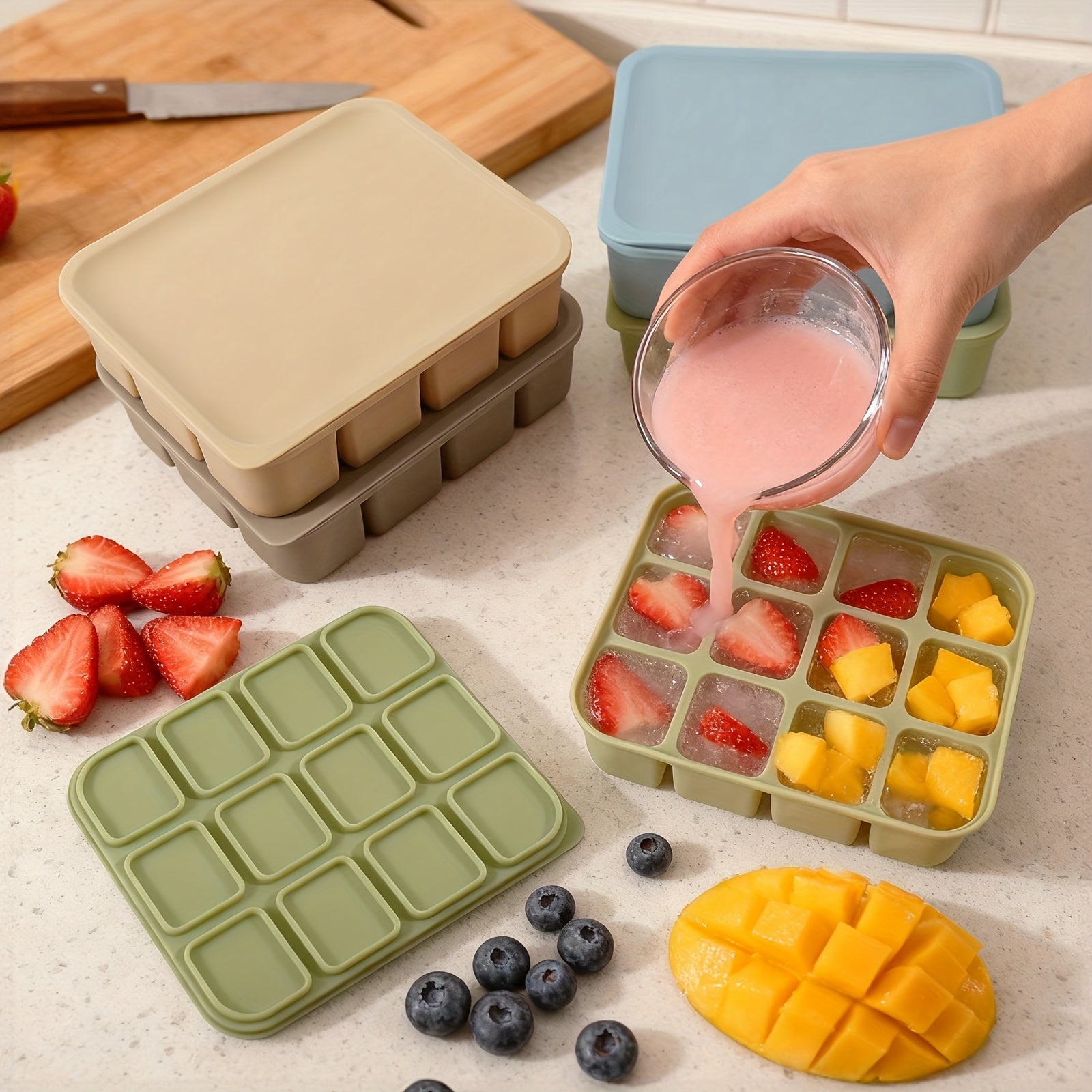 12 Grid Silicone Ice Tray With Lid, Flexible Easy Release Mold, For Cocktail Whiskey Broth Meal Prep, Reusable Dishwasher & Oven Safe