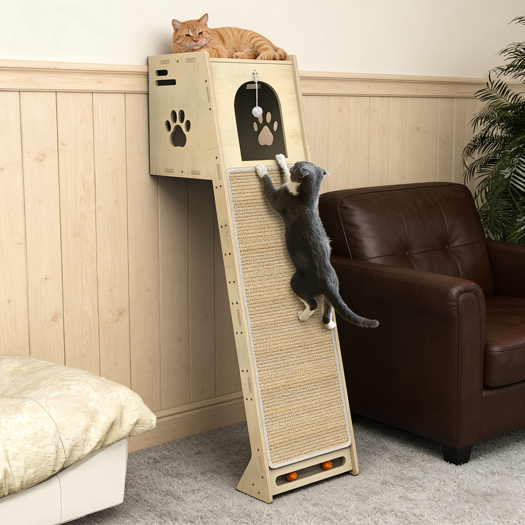 大型猫咪壁挂式猫爬架，59英寸木质猫树，带舒适栖息处、刮抓板和毛球玩具，节省空间的猫咪家具，适合小型公寓，加拿大产地
