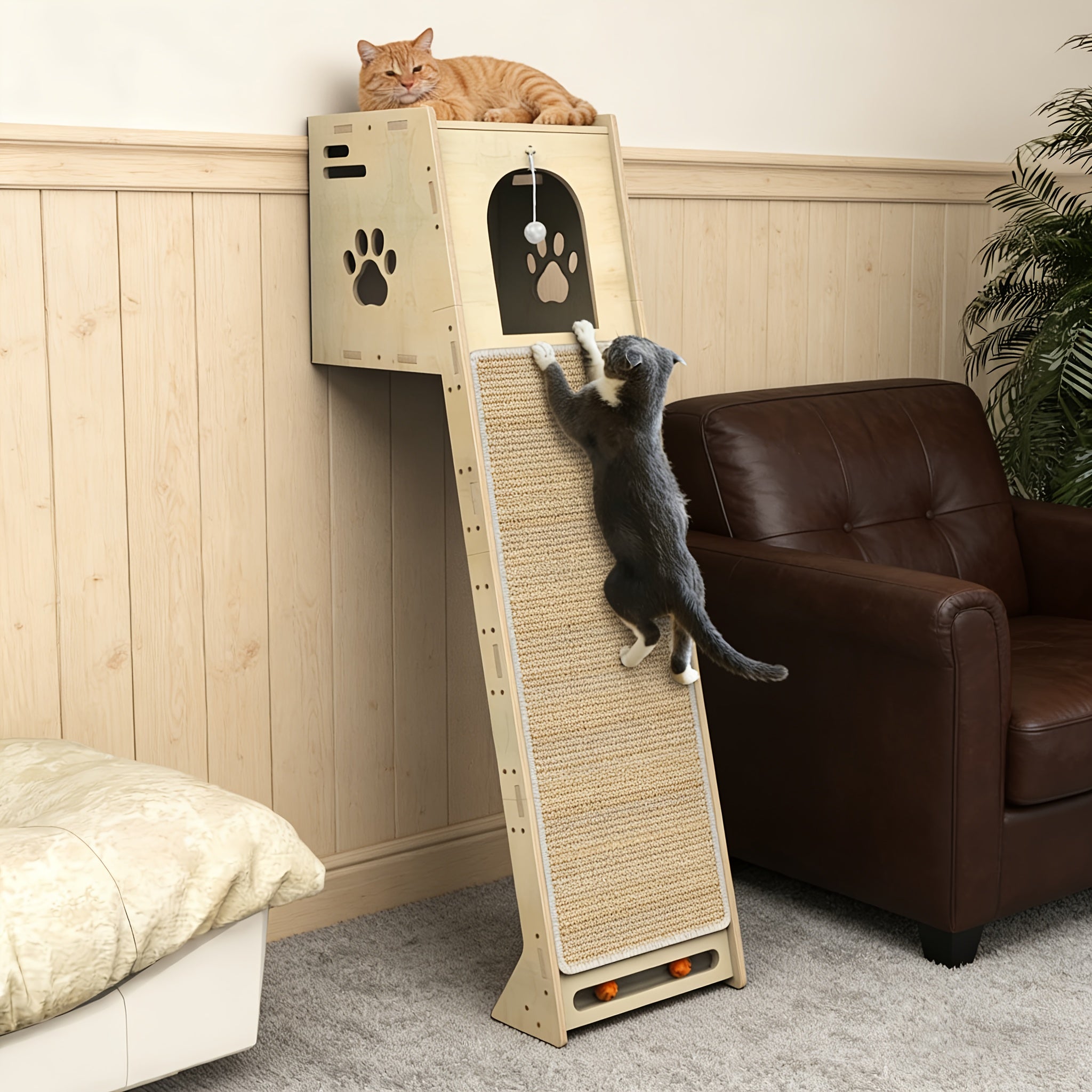 大型猫咪壁挂式猫爬架，59英寸木质猫树，带舒适栖息处、刮抓板和毛球玩具，节省空间的猫咪家具，适合小型公寓，加拿大产地
