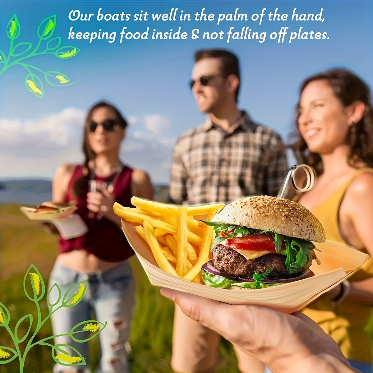 50 Disposable Wooden Plates, Picnic & Camping Food Box, Wooden Boat Sauce Dish – Stronger Than Bamboo, Bowls for Parties, Restaurants, Catering