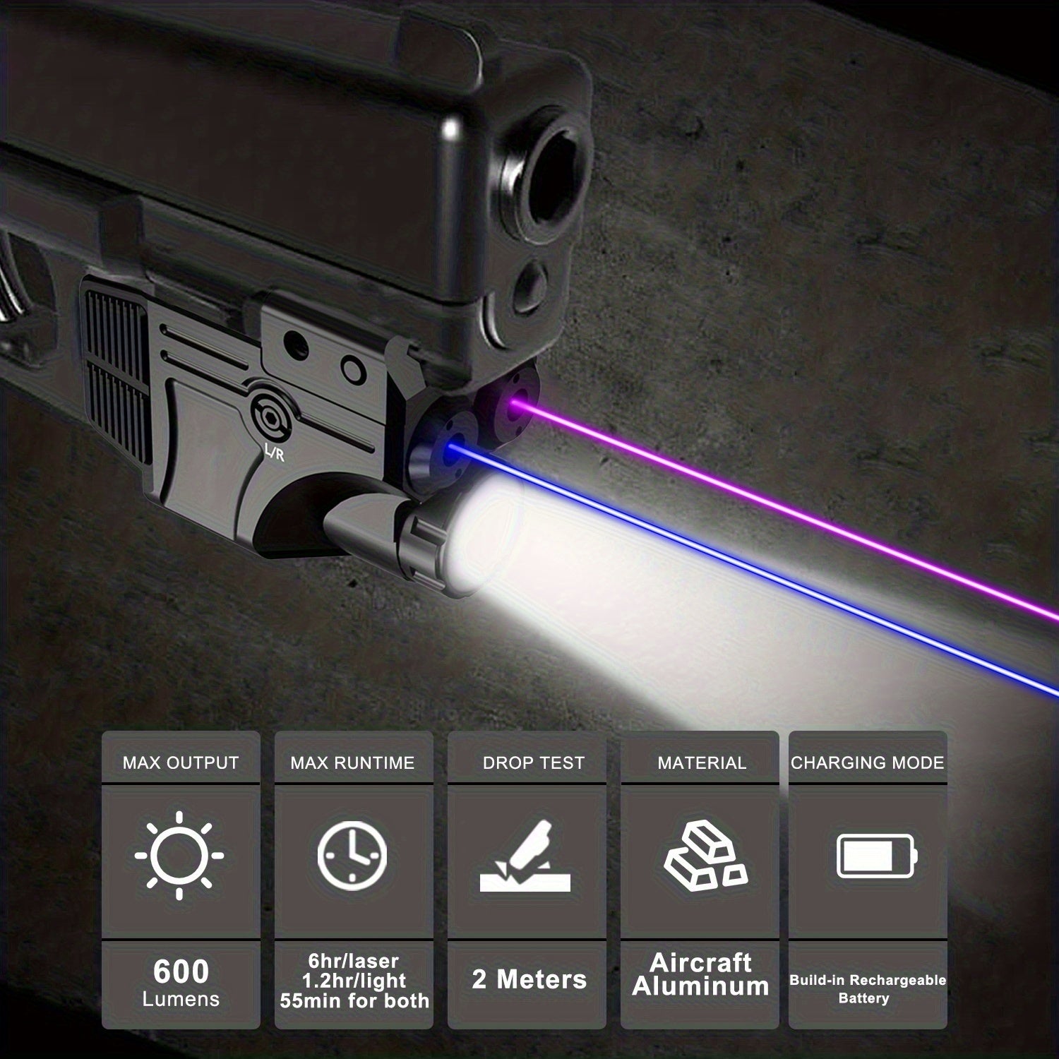 Tactical Flashlight With 600 Lumen Green & Purple Laser Beam Pistol Design 3-in-1 Laser Light Combo USB Rechargeable