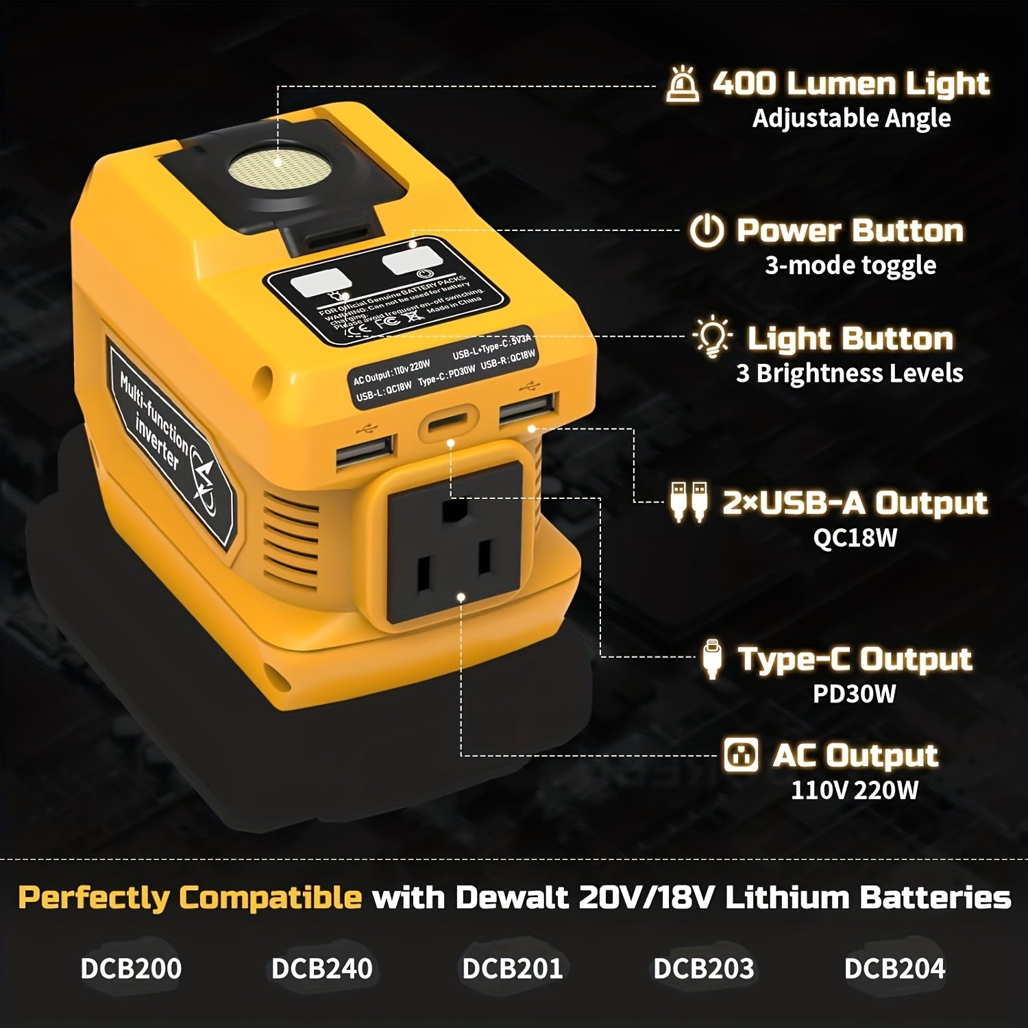 与得伟18V/20V电池兼容的电源逆变器，直流20V转交流110V便携式发电站，配备2个USB接口、1个Type-C接口及1个交流插座，400流明照明灯（不含电池）