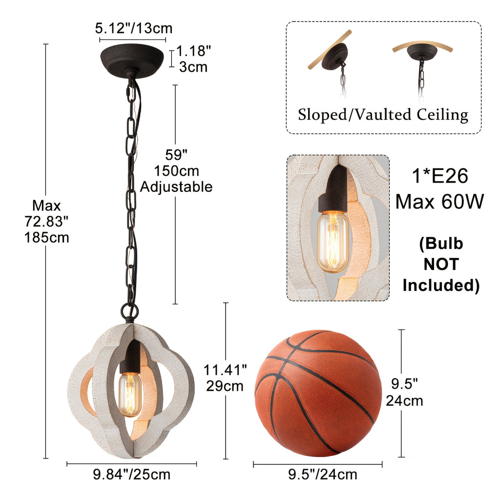 9.84-Inch Modern Farmhouse Style Wood Pendant Light, Distressed White Oak Finish with Adjustable Chain – Semi-Flush Mount Ceiling Hanging Fixture, Suitable for Kitchen Island, Dining Room, Entryway, Foyer