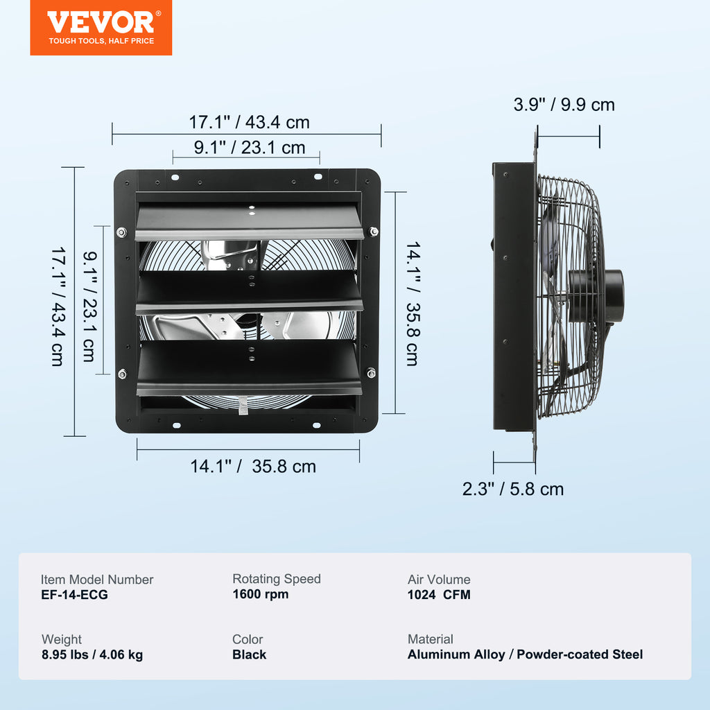 VEVOR Shutter Exhaust Fan, 12''/14''/16'' with Temperature and Humidity Controller, EC Motor, 940 CFM/1513 CFM/1747 CFM, 10-Speed Wall Mount Attic Fan for Greenhouse, Garage, Shed Ventilation and Cooling