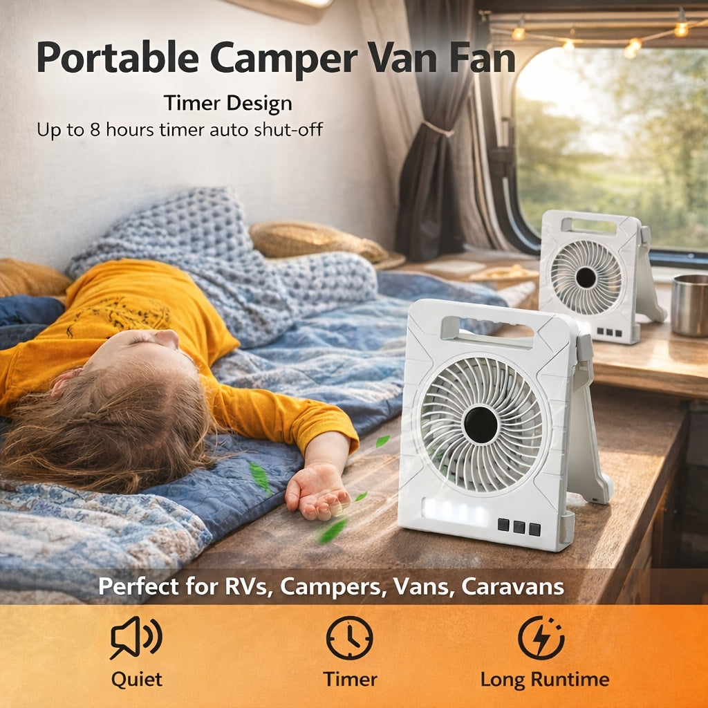 Portable Solar Fan Light for RV, Power Bank with LED Lighting, Type-C + Solar Charging Lithium Battery Fan, Outdoor Camping Fan for RV