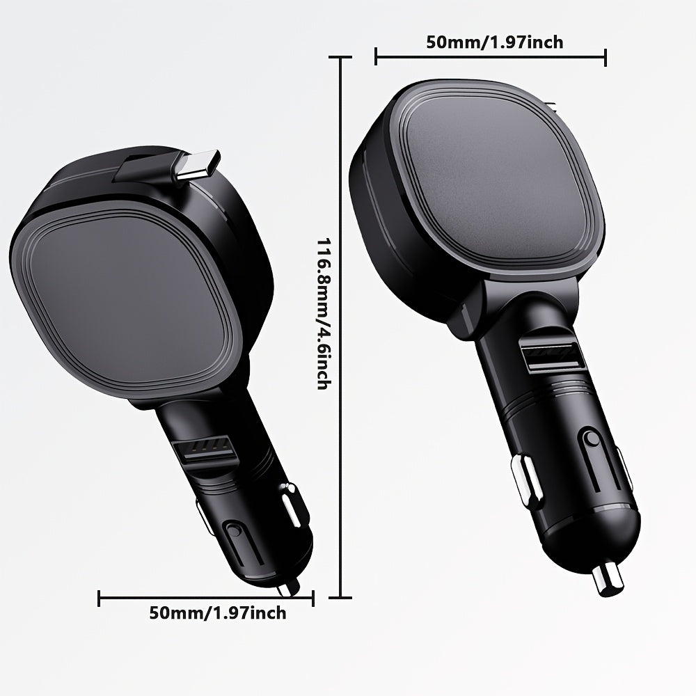 SAN.COMO Dual-Port Car Charger with Retractable Type-C Cable (70cm / 27.55 Inches), Supports 45W Maximum Power Output, Fast Charging, Extended USB-A Port, Overvoltage Protection, an Efficient In-Car Charging Companion, Suitable for iPhone and Various