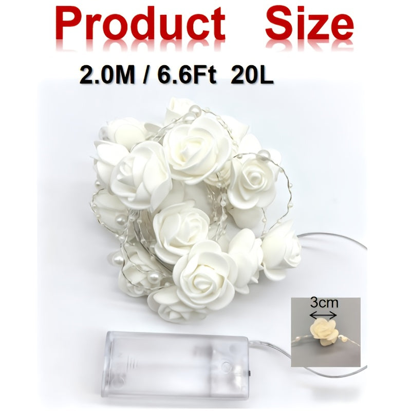 200cm/78.7INCH 玫瑰花珍珠链灯串，20Led 仙女灯2AA电池盒（ON/OFF,不含电池），适用于情人节、婚礼现场布置、室内氛围装饰、酒店装饰、商店橱窗装饰等