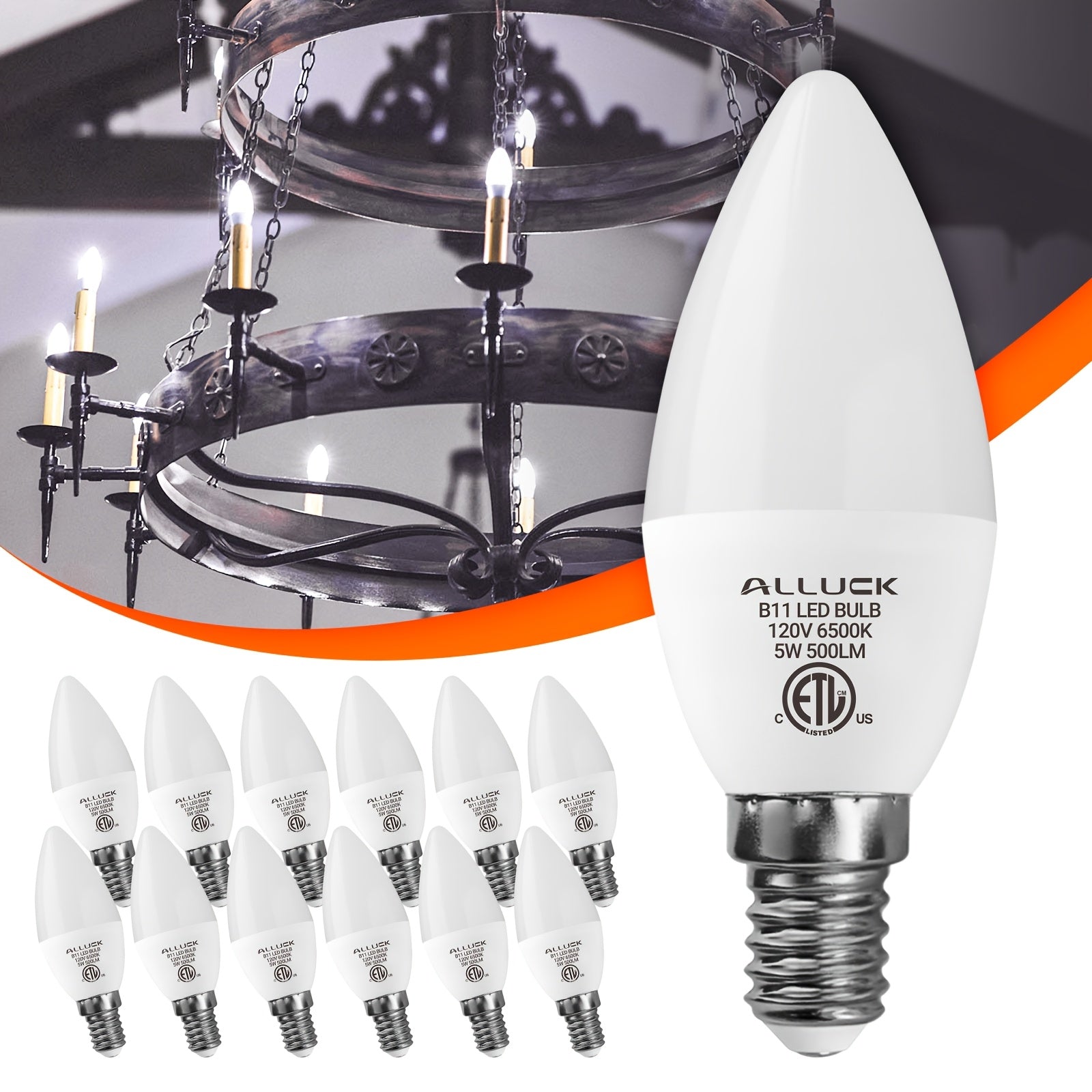 ALLU, 12-pack, B11/C37 LED candelabra bulb 5W 500 lumens (50W equivalent), E12 base, CRI 85+, 3000K/5000K/6500K color temperature, AC110-130V non-dimmable, suitable for home, bar, restaurant and hotel decoration