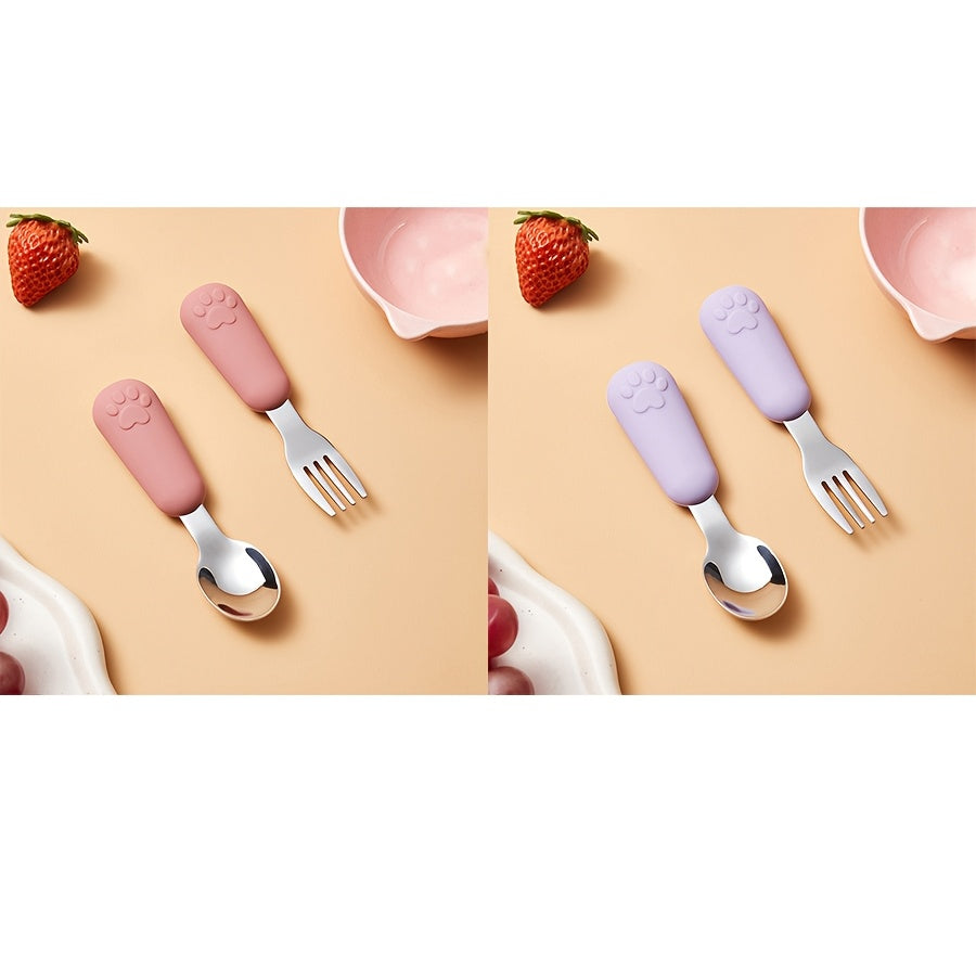 1/2 Set Bear Paw Shape Children's Short Handle Fork & Spoon Set – 304 Stainless Steel Non-Slip Grip | Baby & Toddler Self-Feeding Training Cutlery, Learning Meal Training Utensils