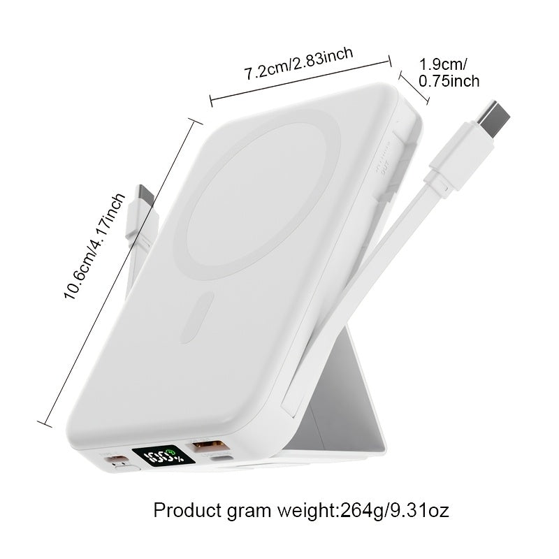 10000mAh 磁性行動電源，USB-C 快速充電外接電池組，內建資料線，可同時為 5 個裝置和筆記型電腦充電，並附支架-適合旅行、工作和日常使用、筆記型電腦、平板電腦、多裝置充電器、旅行、徒步旅行、露營、健身房、辦公室緊急 USB-C 外接電池