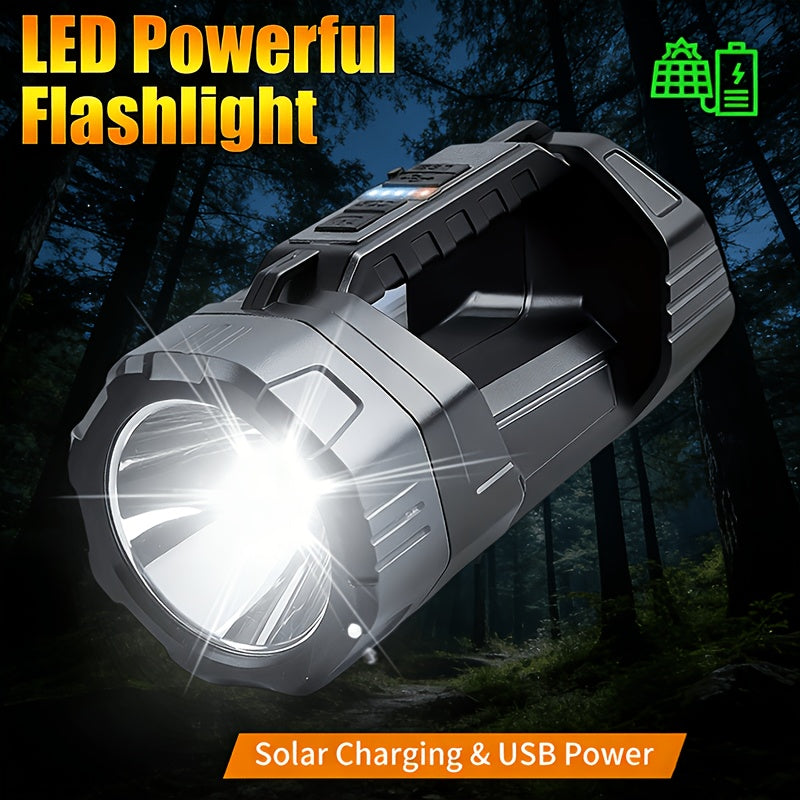 1pc MACROCOSM Solar/USB Rechargeable Spotlight, Battery Level Indicator & USB Output Port, LED Flashlight, 6 Modes Portable Torch with Side Light, Ideal for Camping, Emergency, Outdoor - Handheld Searchlight