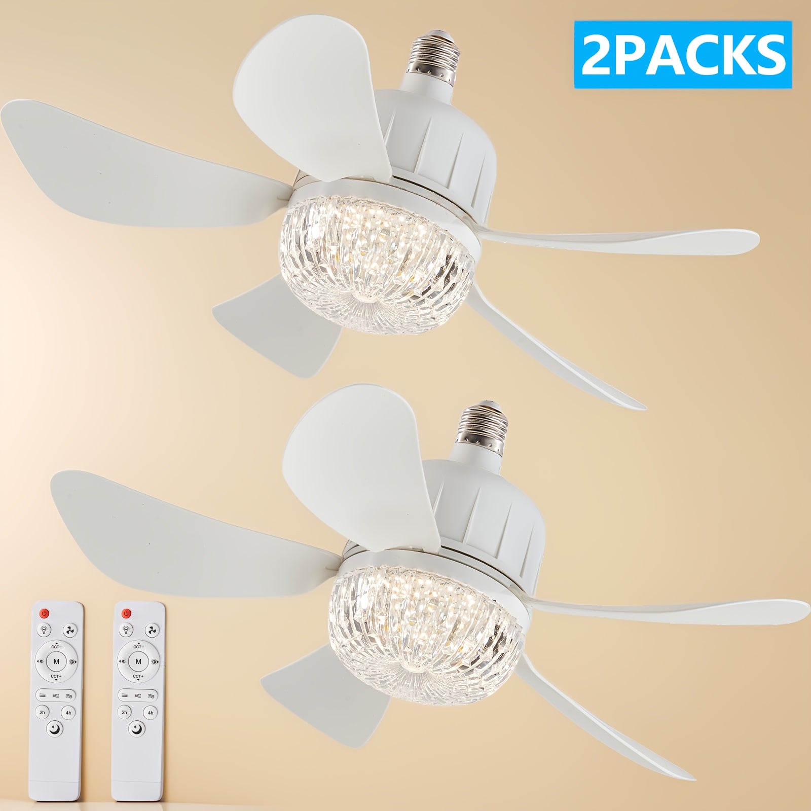 1/2 Pack Christmas Light Socket Ceiling Fan, Plug-in E27/E26 Fan Bulb with Remote, Mini Ceiling Fan 3 Speed Dimmable LED Light, Socket Fan for Kitchen Bedroom Small Rooms