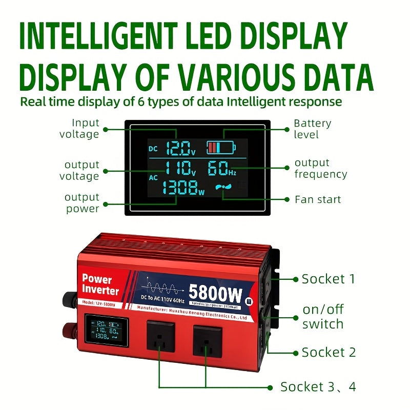 2100W/5800W持续功率汽车电源转换器DC12V转AC110V便携式逆变器，适用于房车、汽车、移动电源，多功能车辆露营设备，露营和旅行的过载保护、旅行电源|便携式逆变器,无电池