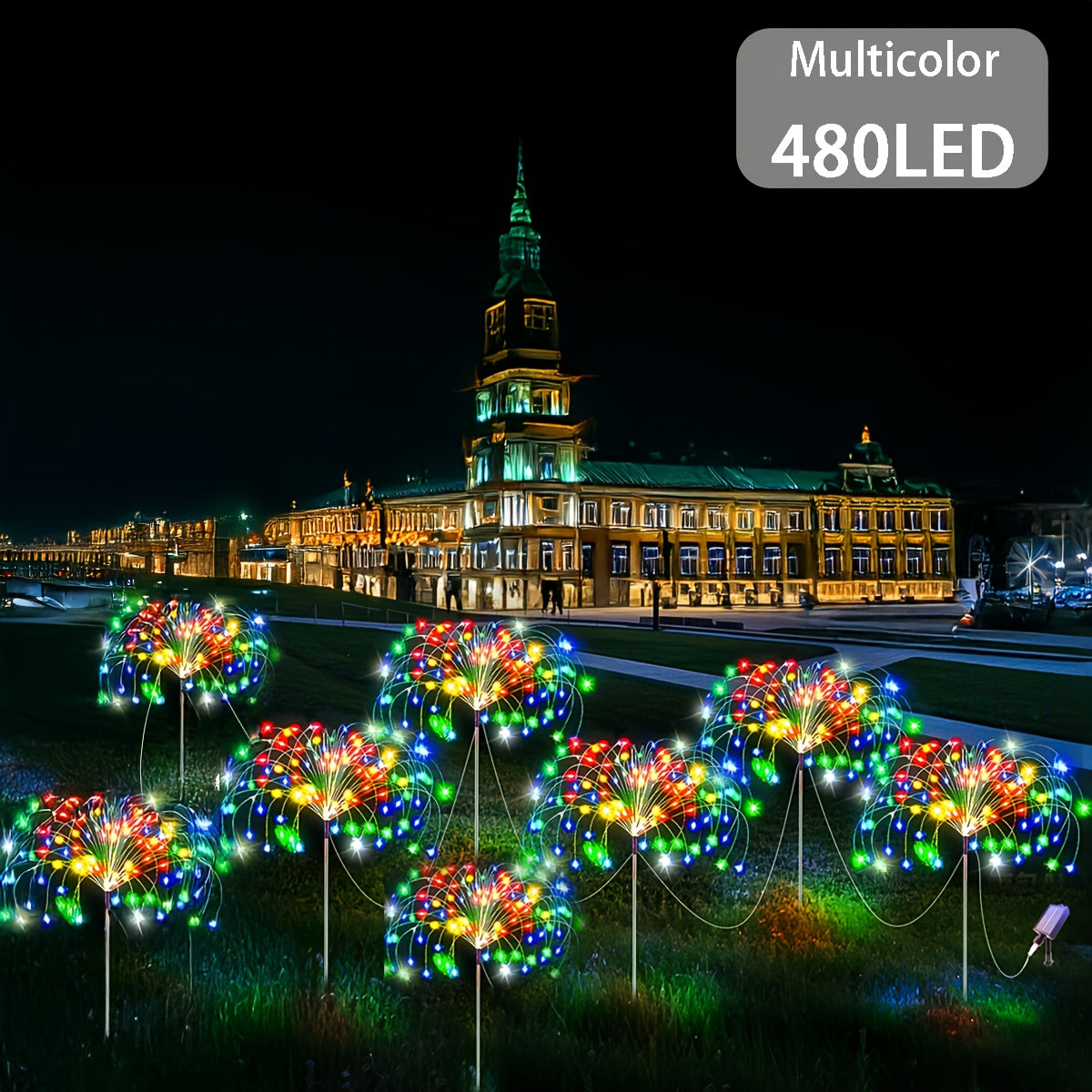 FACHOI 8件套-480LED太阳能烟花灯带智能光感器 4件套-240LED 适用于户外庭院、步道、露营、派对、婚礼、圣诞节和聚会 具有8种照明模式：白色/暖白色/多彩