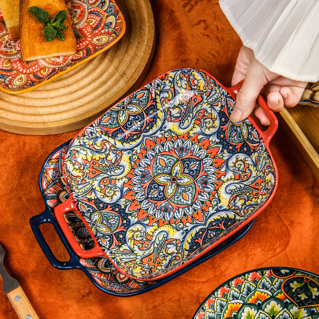 2-Piece / 4-Piece Ceramic Baking Set – 9-Inch Square Plates, Bohemian Style – Perfect for Pasta, Oven &amp; Catering – Multi-Purpose Kitchen &amp; Dining Essential