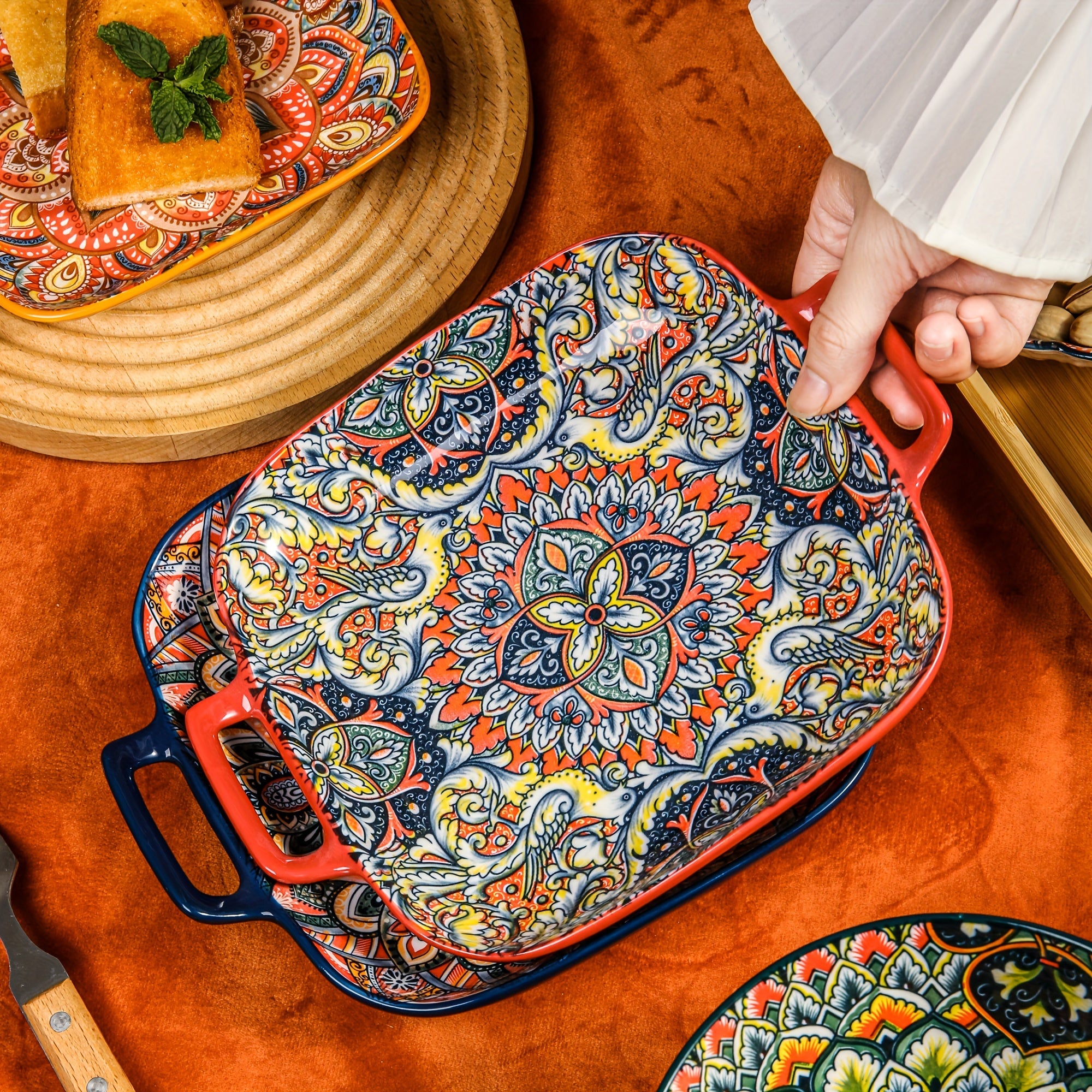 2-Piece / 4-Piece Ceramic Baking Set – 9-Inch Square Plates, Bohemian Style – Perfect for Pasta, Oven &amp; Catering – Multi-Purpose Kitchen &amp; Dining Essential