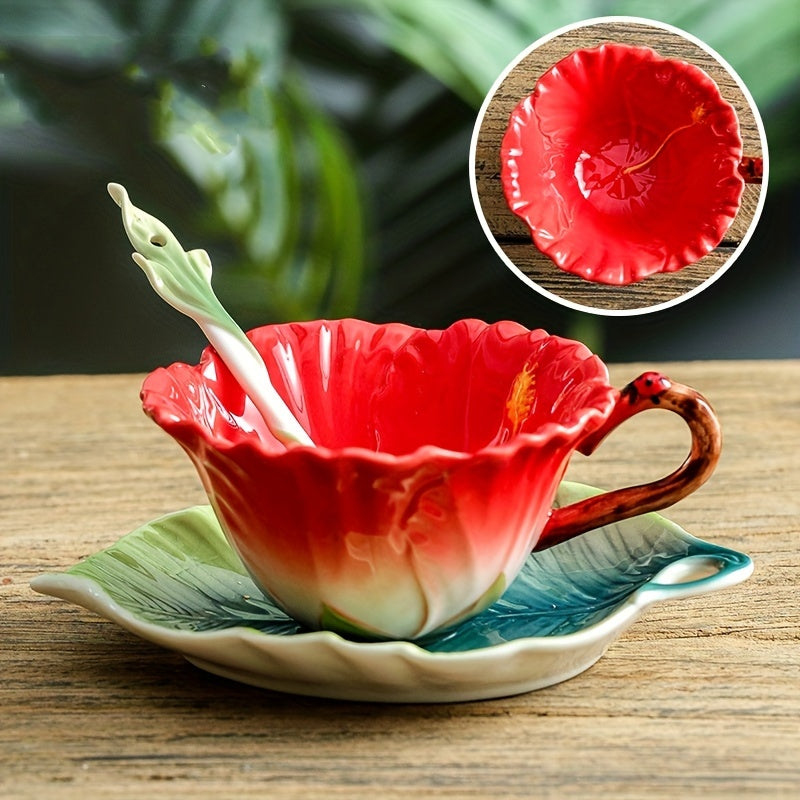 Elegant 3-Piece Ceramic Tea Set (Includes Tea Spoon, Cup & Saucer) – Vibrant Floral Pattern, Perfect for Home & Restaurant Use