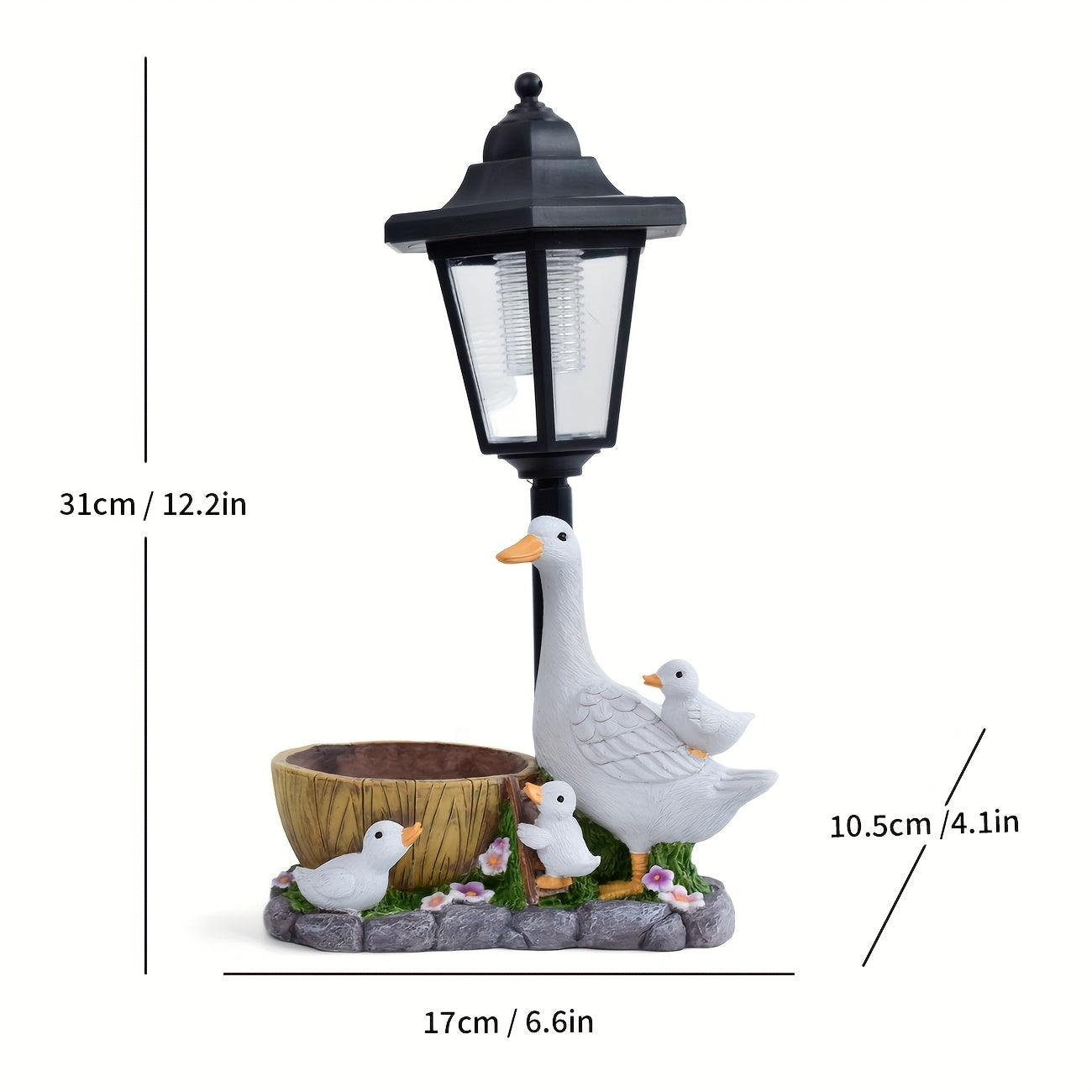 Resin Duck Family with Flower Pot Outdoor Solar Light Statue Decoration, Villa Balcony Ambiance Home Decorative Night Light, Courtyard Garden Sculpture Pathway Light, Solar Powered Multifunctional Decorative Light
