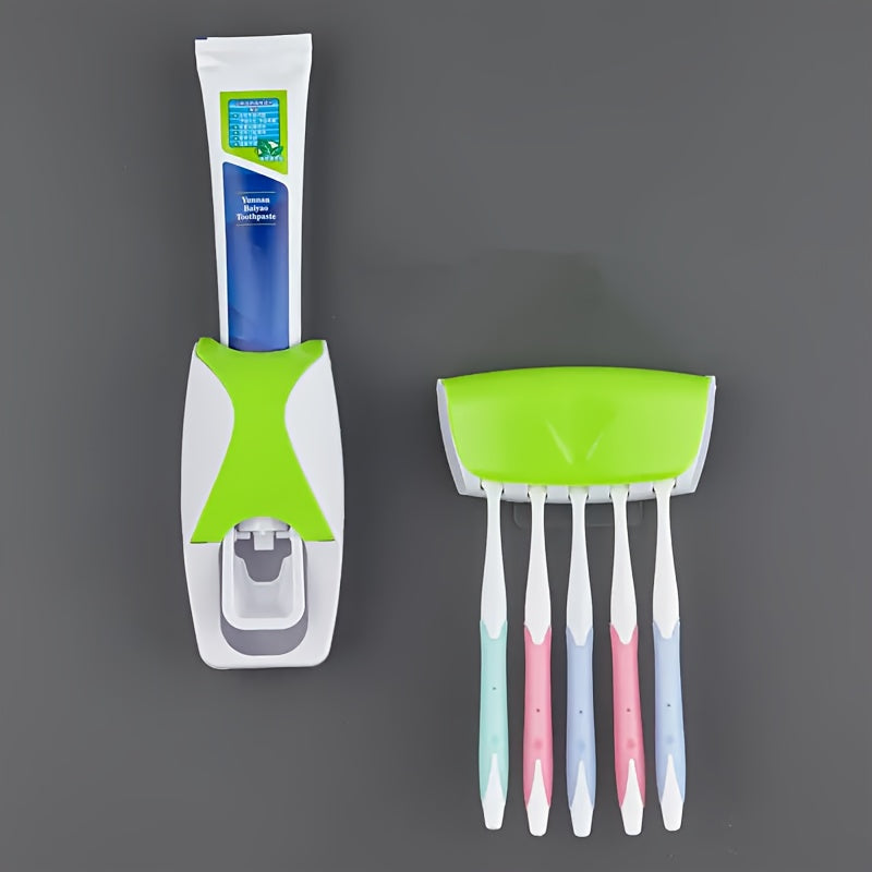 [5-Slot No-Drill] Toothbrush Holder & Press-Type Toothpaste Dispenser Set - Large Capacity ABS Plastic Wall Mount (Holds 5 Toothbrushes) - Dustproof & Moisture-Proof Design, Space-Saving