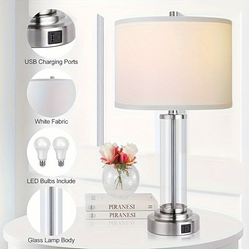 Touch control USB-C+A table lamp set for bedroom (2 pieces), 3-level dimmable modern bedside night light with cream fabric shade, reading bulb included