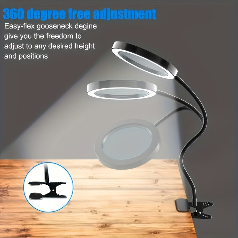 48 LED beads, diamond painting magnifying desk lamp with clip, 50cm adjustable gooseneck fill light, 3 color temperatures (cool white/neutral/warm yellow), 5-7W USB-powered craft light, 2-meter long cord, push-button switch, 9cm large lens